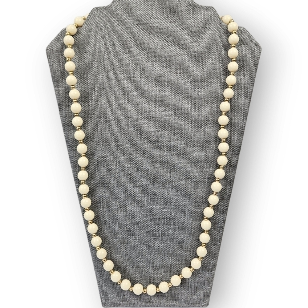 Crown Trifari Ball Bead Necklace Cream Gold Plate Beaded Strand Vintage 29" Long